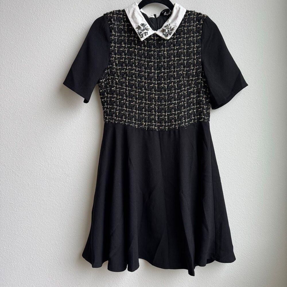 Sister Jane Size Medium Jewel Collar Bouclé Tweed Preppy Black Cochette Dress